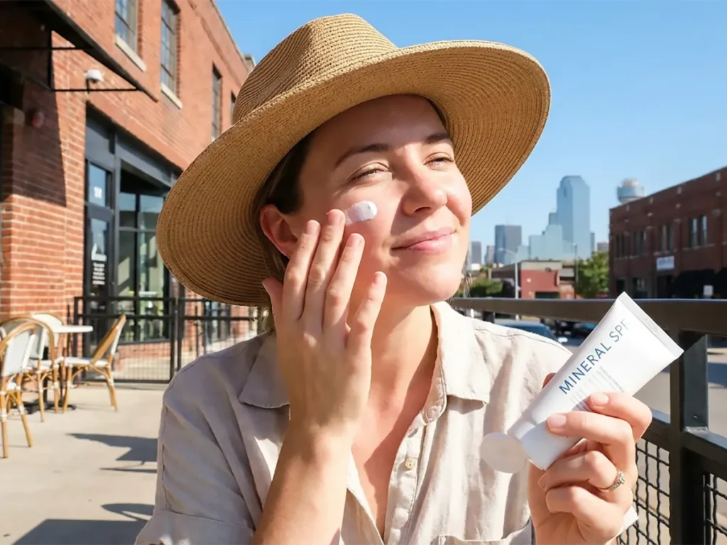 A person wearing a straw hat applies mineral SPF sunscreen to their face while enjoying a sunny day in Dallas, caring for their skin as part of melasma treatment. | Revival Dermatology, Dallas TX