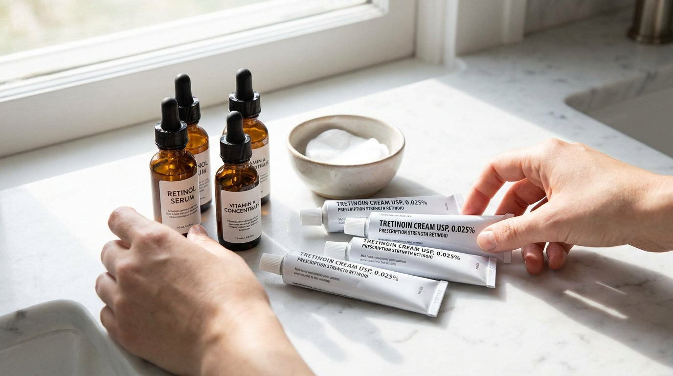 Assorted skincare serums and prescription tubes arranged on a clean marble surface in soft natural light, representing the choice between retinol and tretinoin.