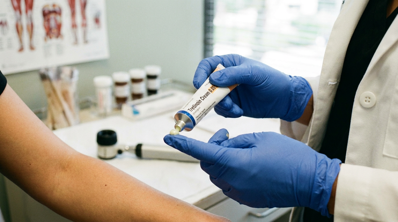 Close-up of a dermatologist's gloved hands holding a prescription tube during a patient consultation.