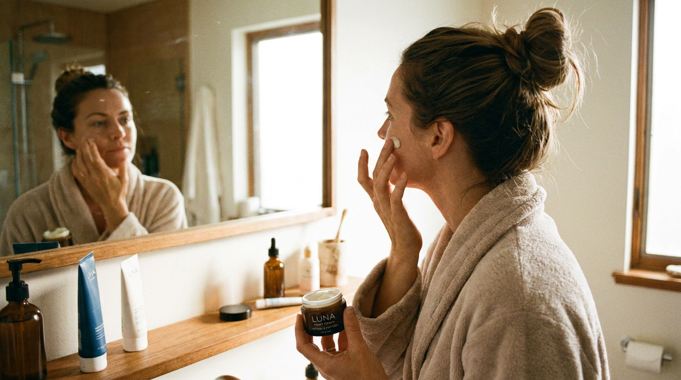 Woman applying a pea-sized amount of night cream in front of a bathroom mirror as part of an evening skincare routine.