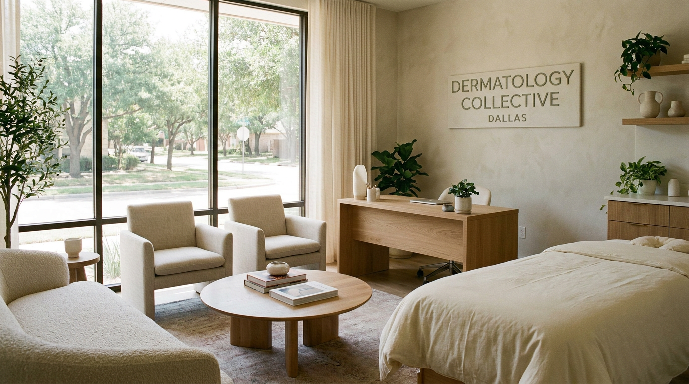 Bright, calm dermatology consultation room at a boutique Dallas practice with natural light and modern furnishings.