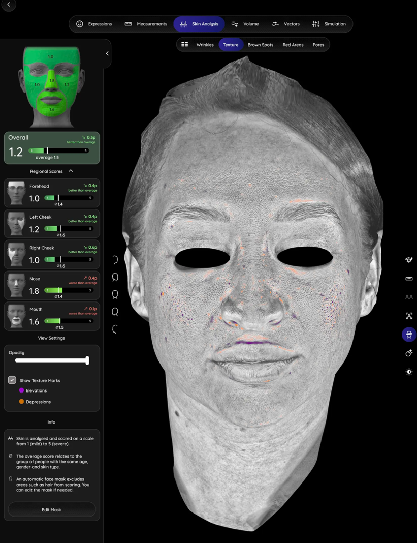Aura skin texture analysis showing facial contours and pores